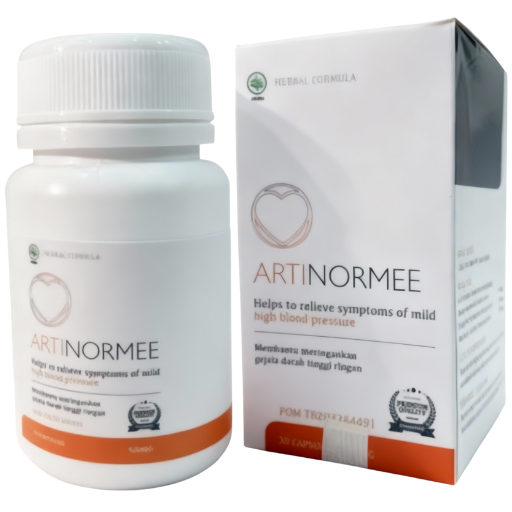 Artinormee suplemen herbal dalam kemasan botol dan kotak produk