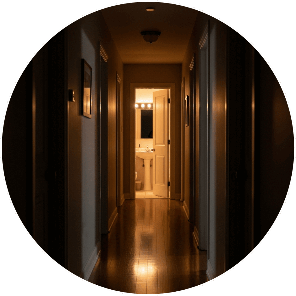 Lorong rumah menuju kamar mandi dengan pintu terbuka