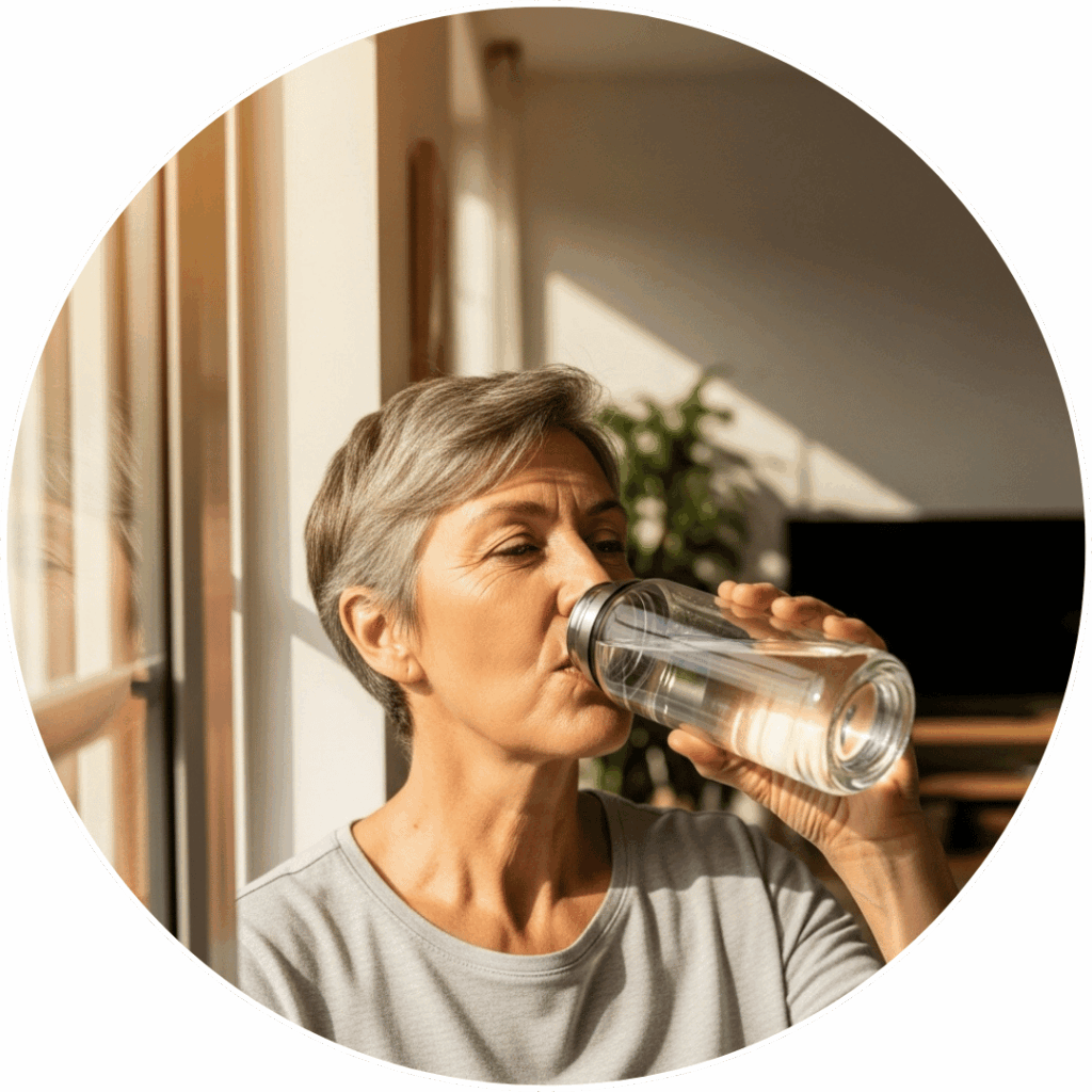 Wanita dewasa sedang minum air putih di siang hari