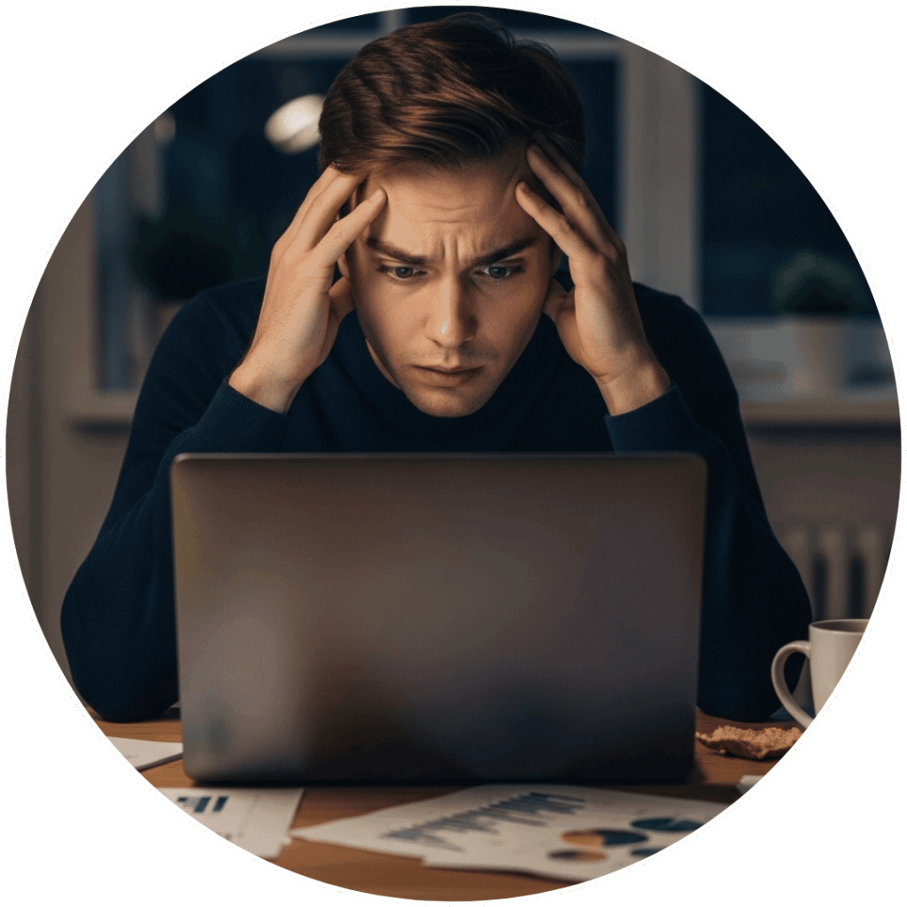 Pria muda terlihat stres dan sulit fokus saat bekerja di laptop